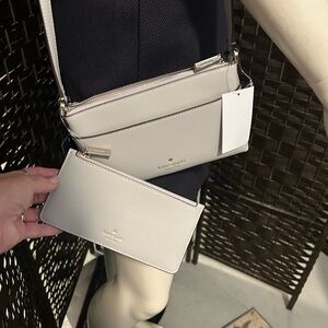 Kate Spade Sadie saffiano leather top zip with included pouch in platinum gray